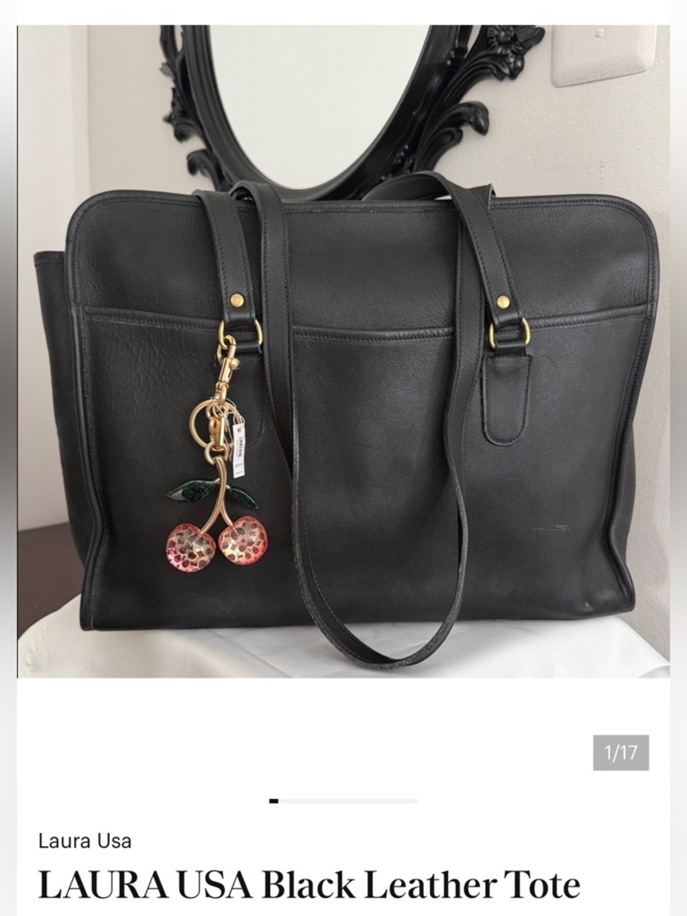 LAURA USA Black Leather Tote Bag with Gold harware